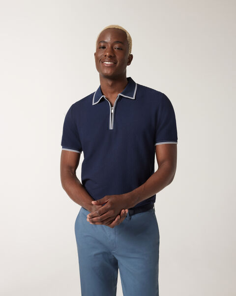 Textured Zip-up Collar Polo, Navy, hi-res